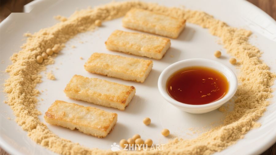 金黄豆腐条配酱油碟