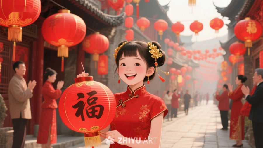 小女孩手持红灯笼，庆祝传统节日 968