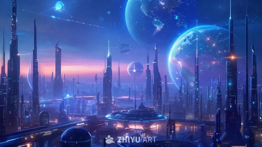 夜空中悬挂着两颗巨大的星球，星光点点。画面中呈现出