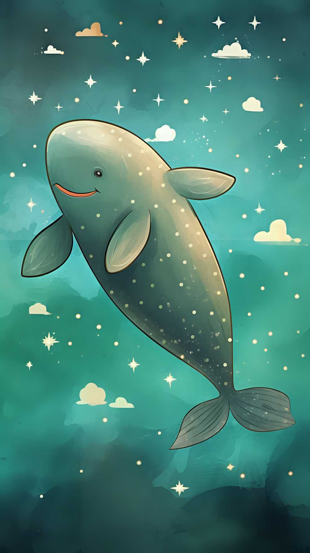 蓝鲸与云和白星，工笔画风格