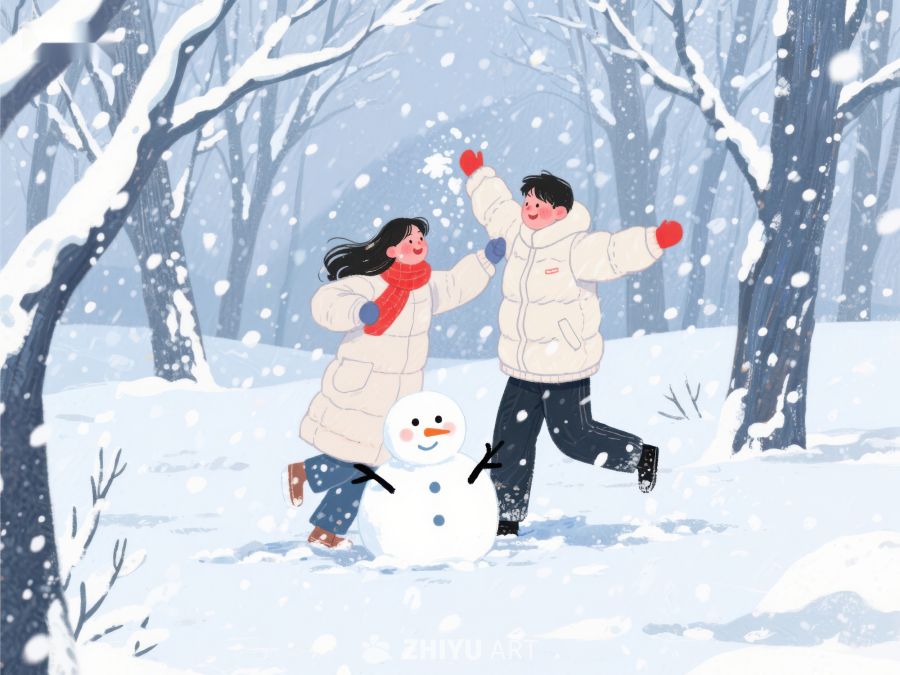 冬日雪景中欢笑的两人与雪人 137