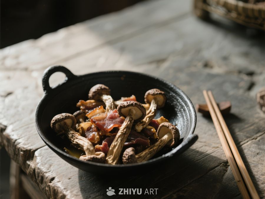 黑碗中的蘑菇培根料理 167
