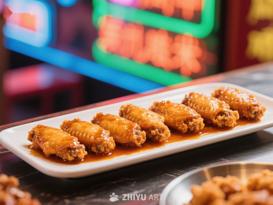 美味鸡翅摆盘，霓虹灯下诱人美食