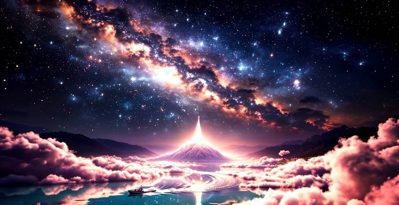 星空下，云雾缭绕的湖泊中，一叶孤舟缓缓行驶。远处的