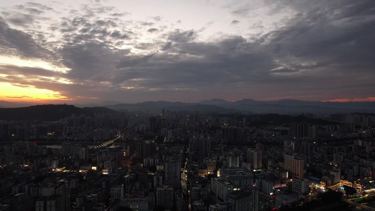 广东韶关城市清晨日出彩霞风景航拍 