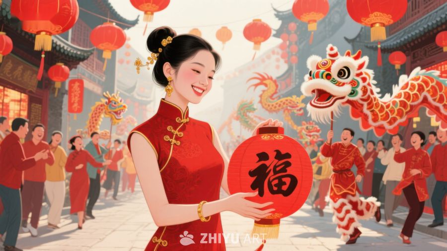 新春佳节，女子手持福灯欢庆 1012