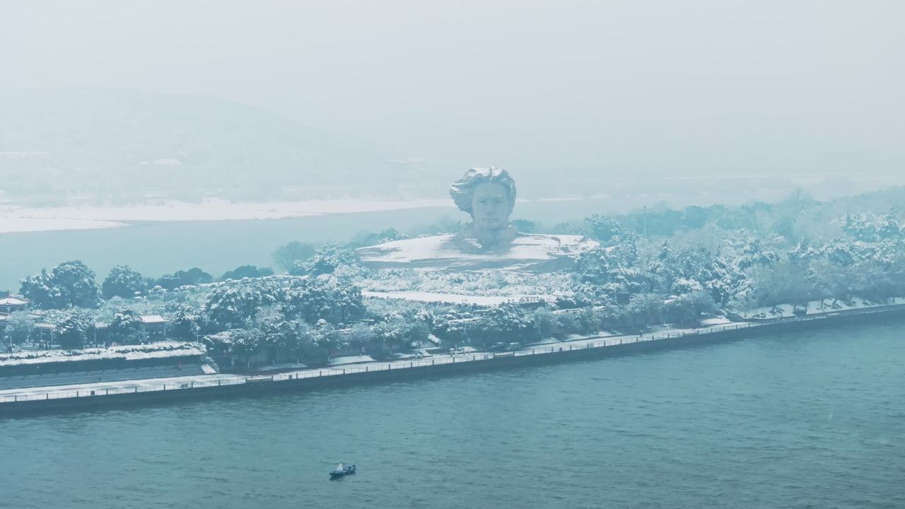 湖南长沙橘子洲头雪景航拍 3