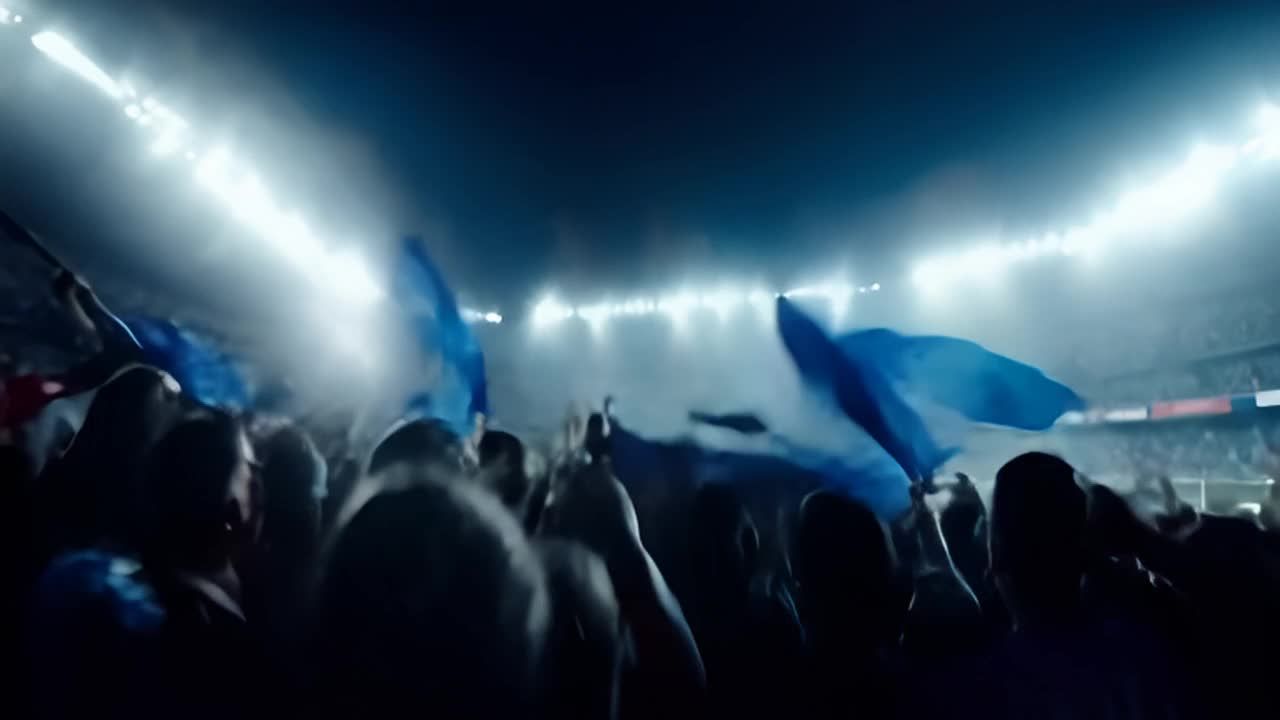 体育场内人山人海，夜间的足球比赛充满了激情。观众们