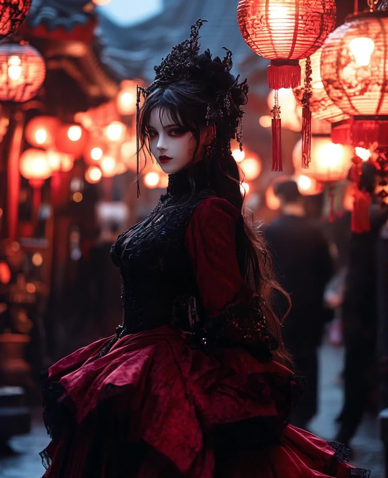哥特风古装美人，红灯笼下的神秘夜景