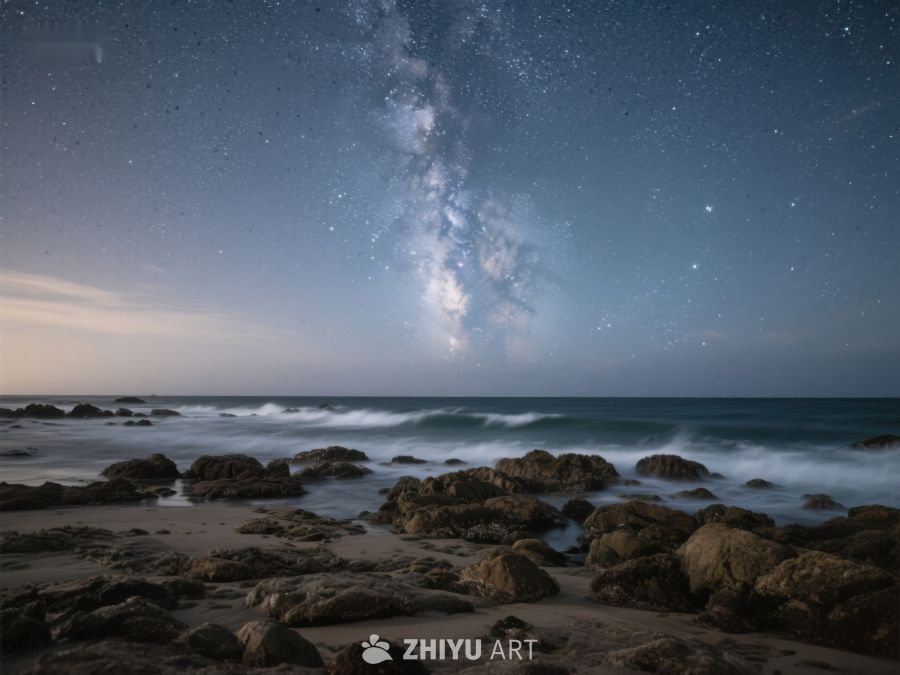 夜空银河下的海岸岩石 415