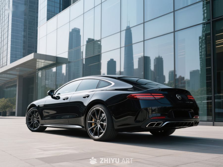 黑色轿车停在现代建筑前 91