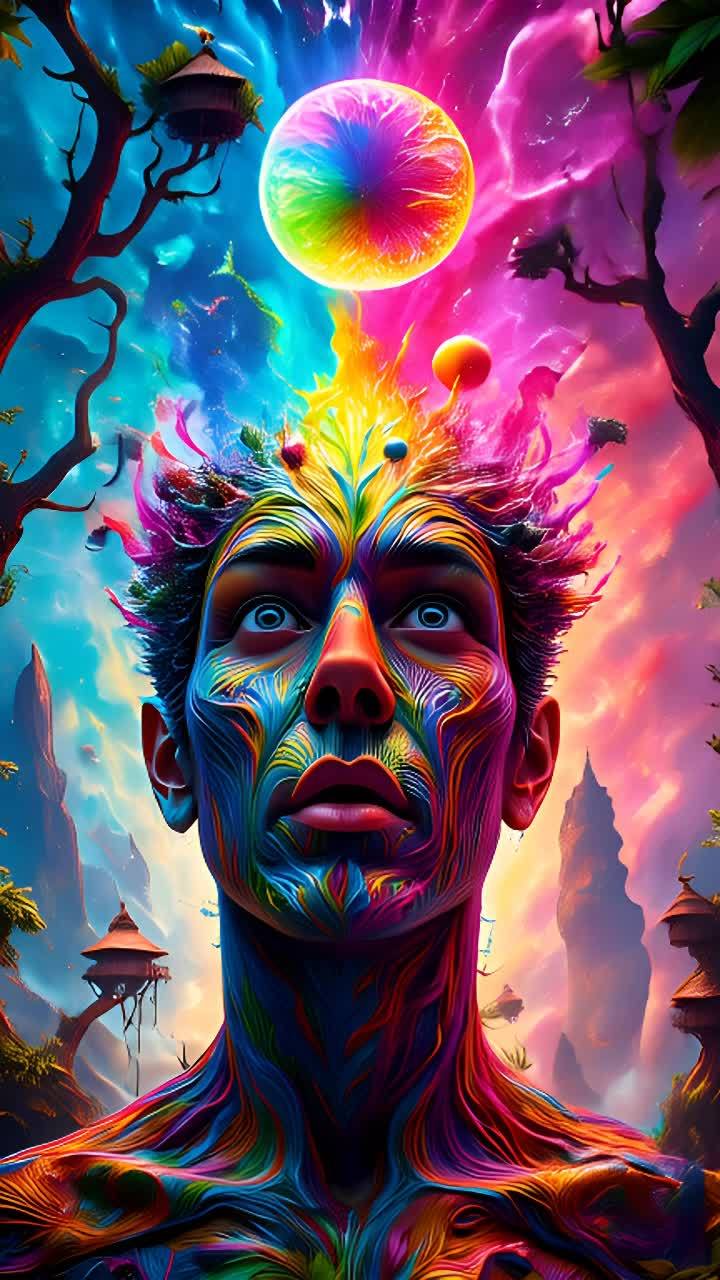 一个人的脸部和身体被彩虹色的线条覆盖，色彩从头顶向