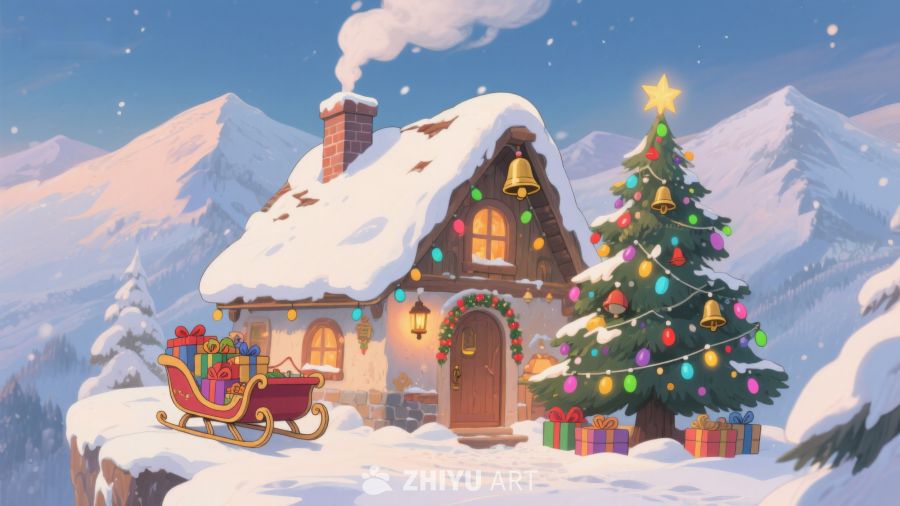 雪景中的温馨小屋与圣诞树 345