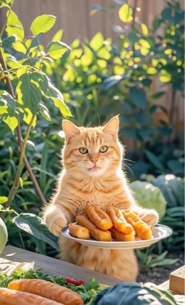 橘猫举油条，菜园美食分享