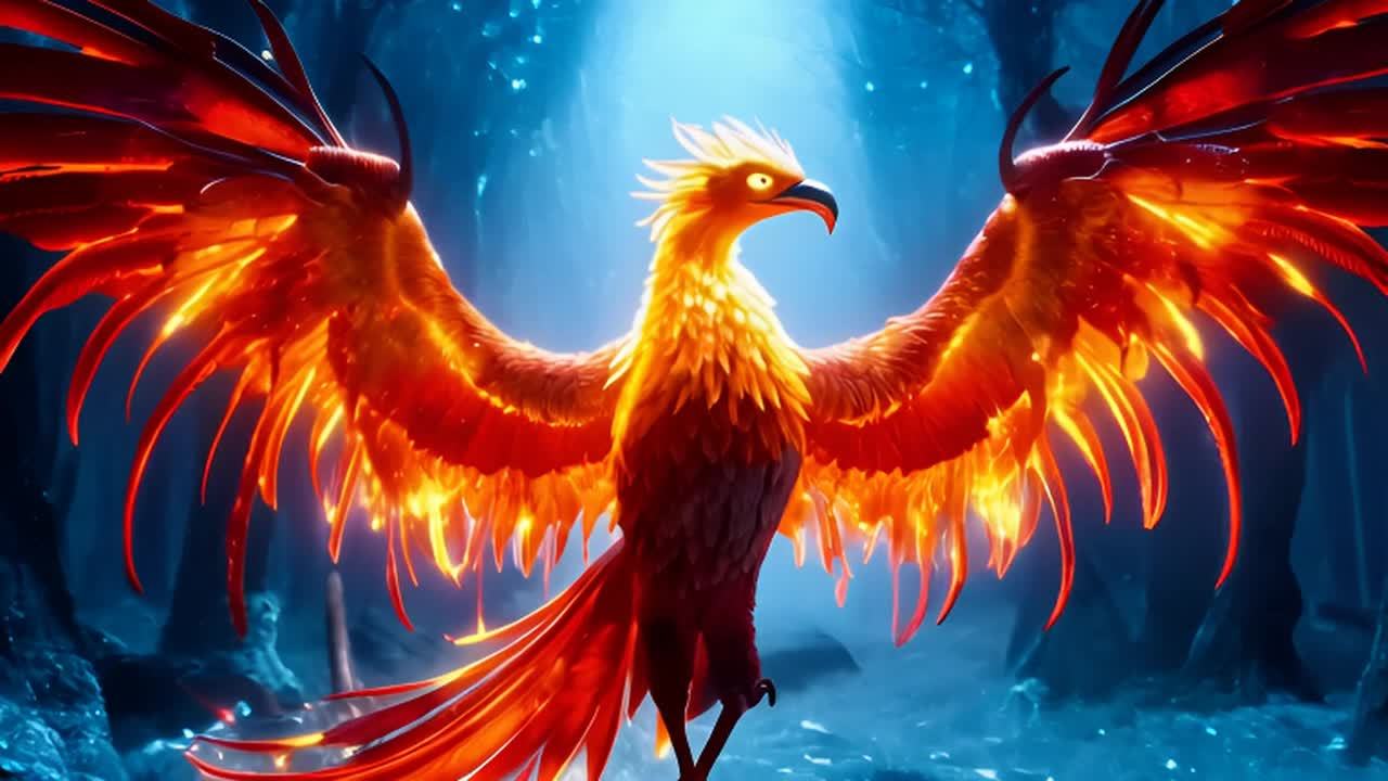 一只火焰鸟张开翅膀站立，它的羽毛发出光芒，呈红色和