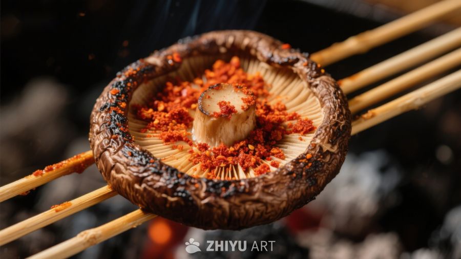 烤蘑菇串上的辣椒碎