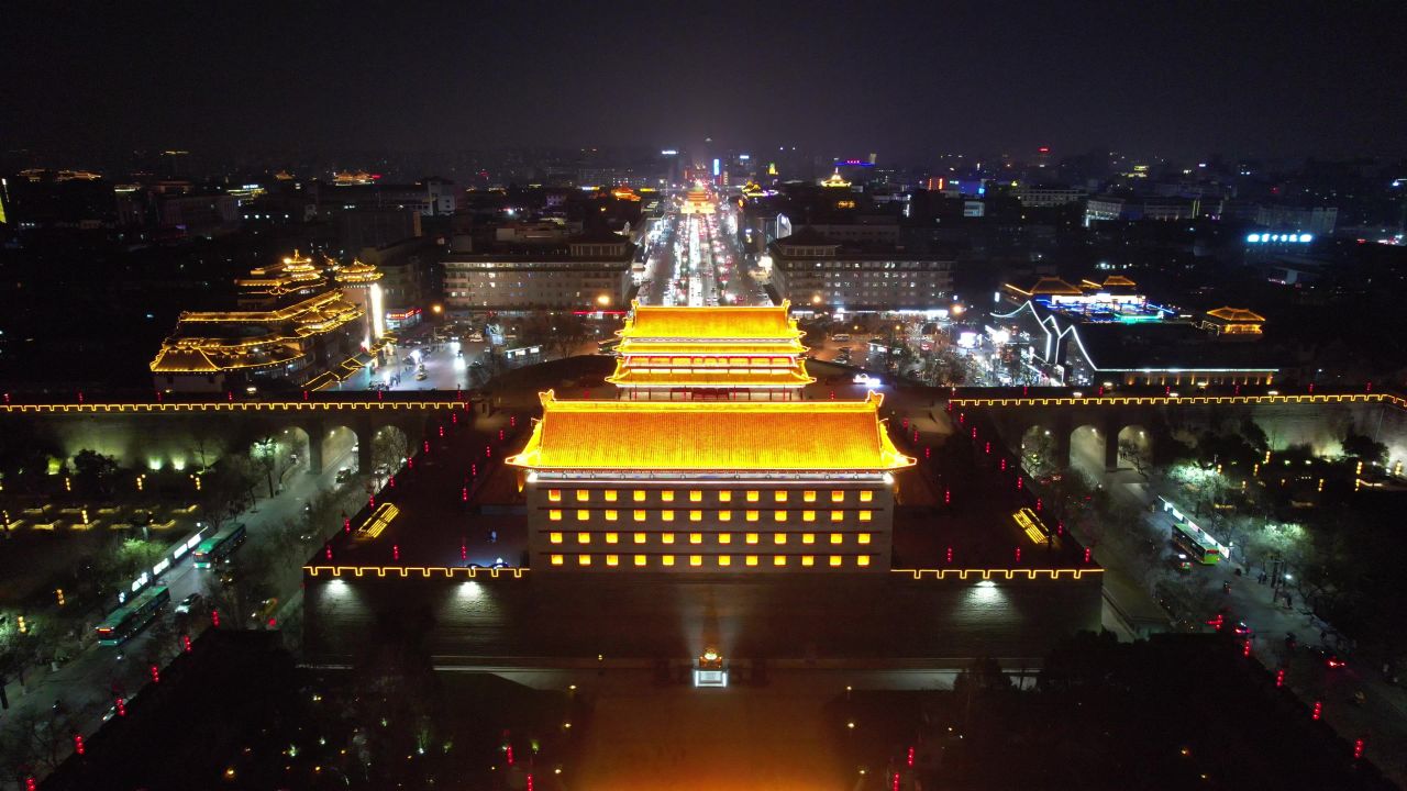 西安永宁门夜景灯光航拍