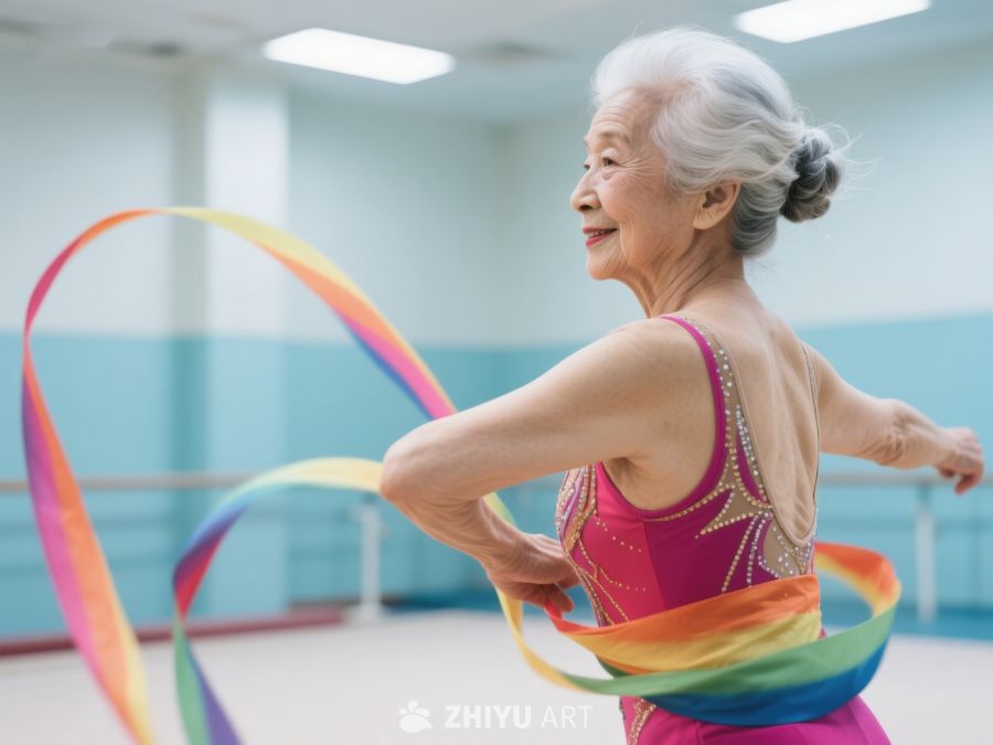 老年女性舞动彩带 269
