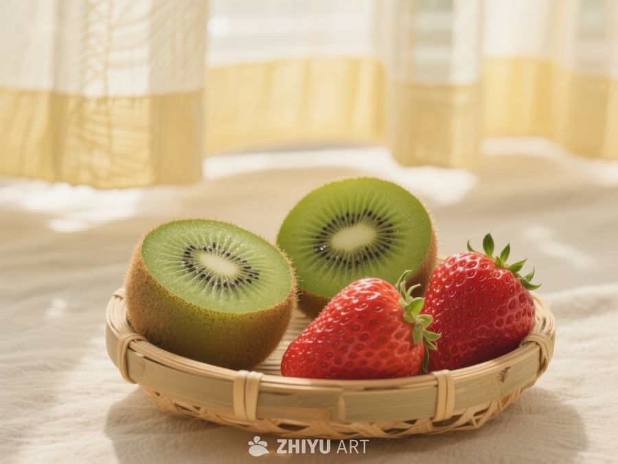 新鲜猕猴桃与草莓的竹篮组合 590