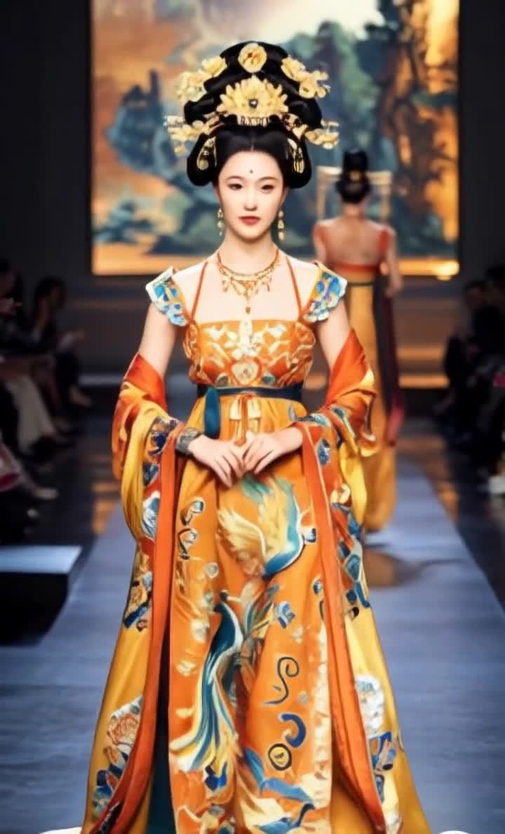 一位身穿橙色和蓝色中国风长裙的女性正在T台上行走。