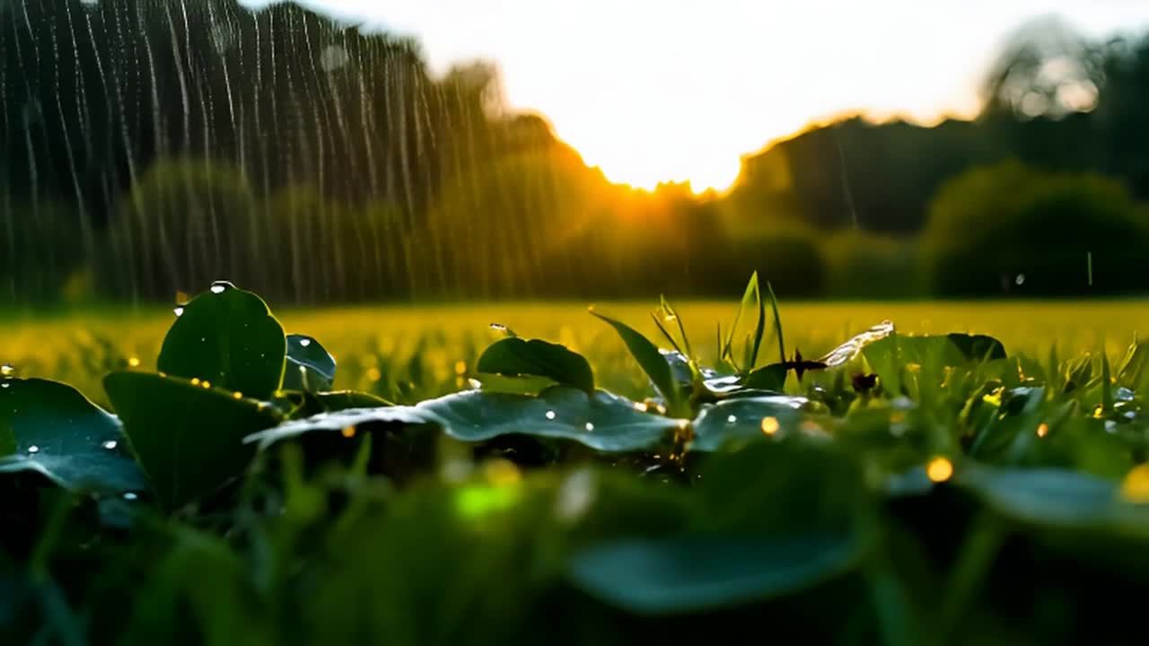 雨水倾泻在绿色的草叶上，叶片上可见水滴。远处的地平