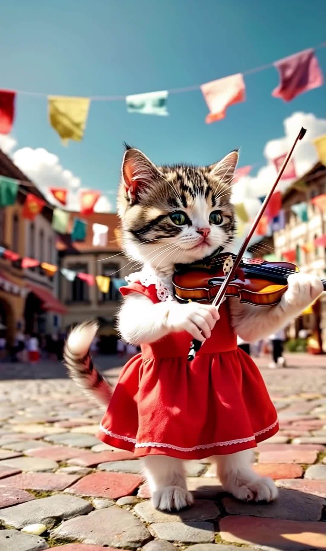 小猫演奏小提琴在节日街道上演奏