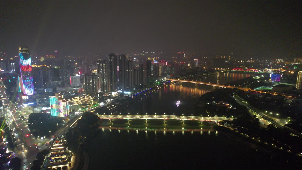 广西南宁邕江夜景灯光航拍