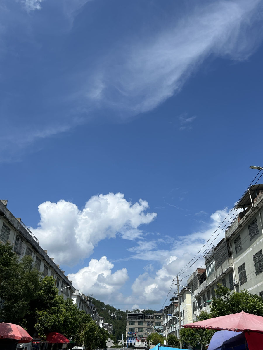 蓝天白云下的城市街景