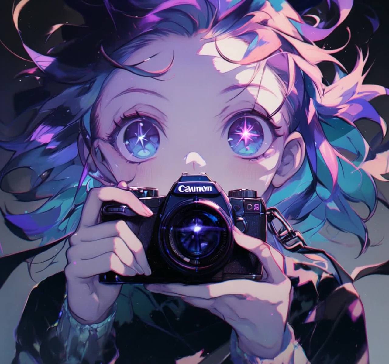 画面中是一位有着蓬松蓝紫色头发的女孩，她正双手握着