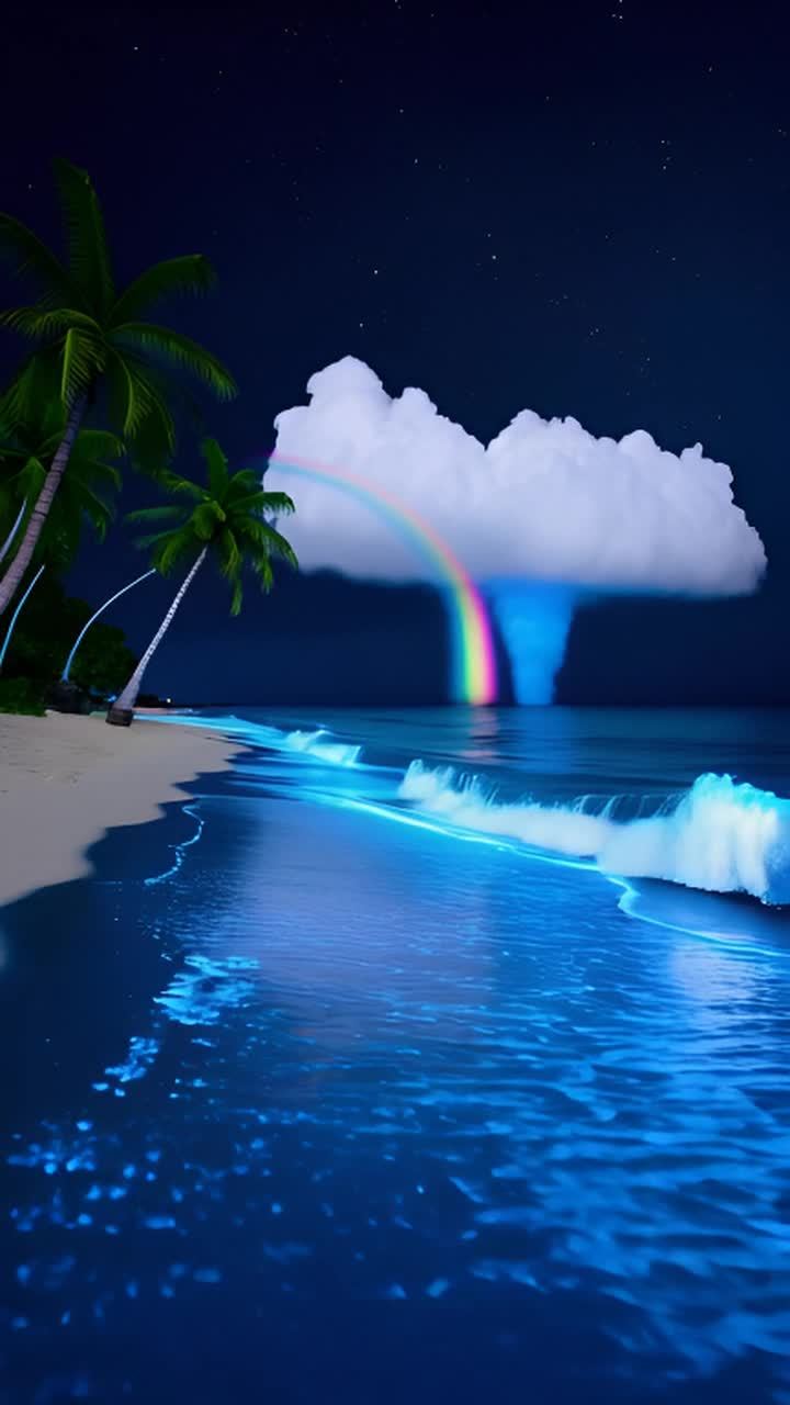 夜间，海滩上有棕榈树摇曳，蓝色霓虹浮游生物在拍打岸