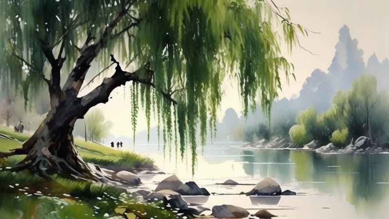 河边柳树插画风景图 32