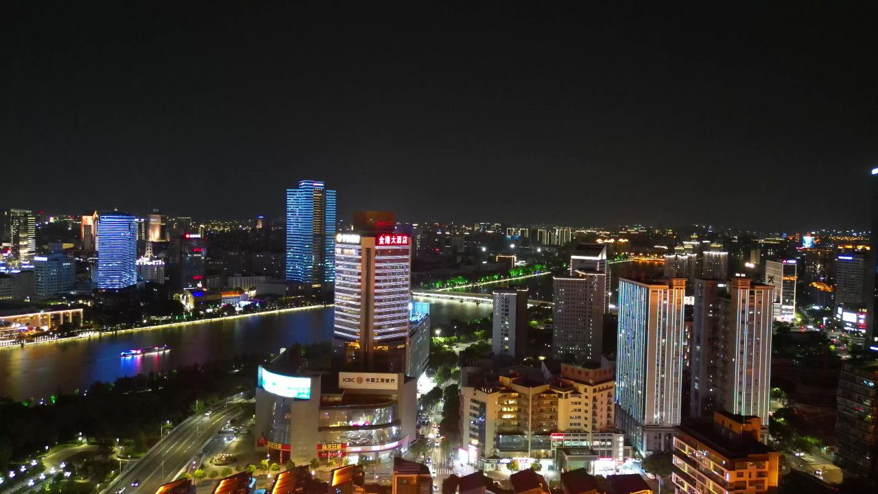  航拍浙江宁波城市夜景