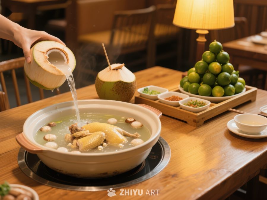 椰汁倒入锅中，热气腾腾的美食场景 824