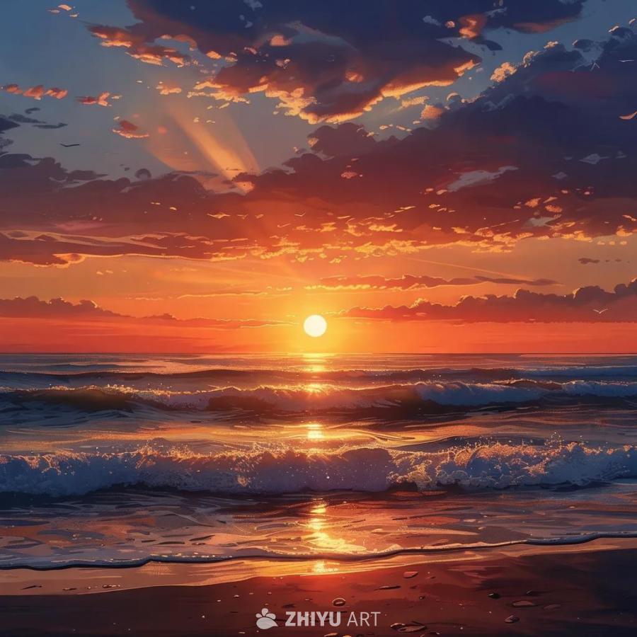 手绘风格的画面，夕阳正在落下，天色已有些昏暗。海面