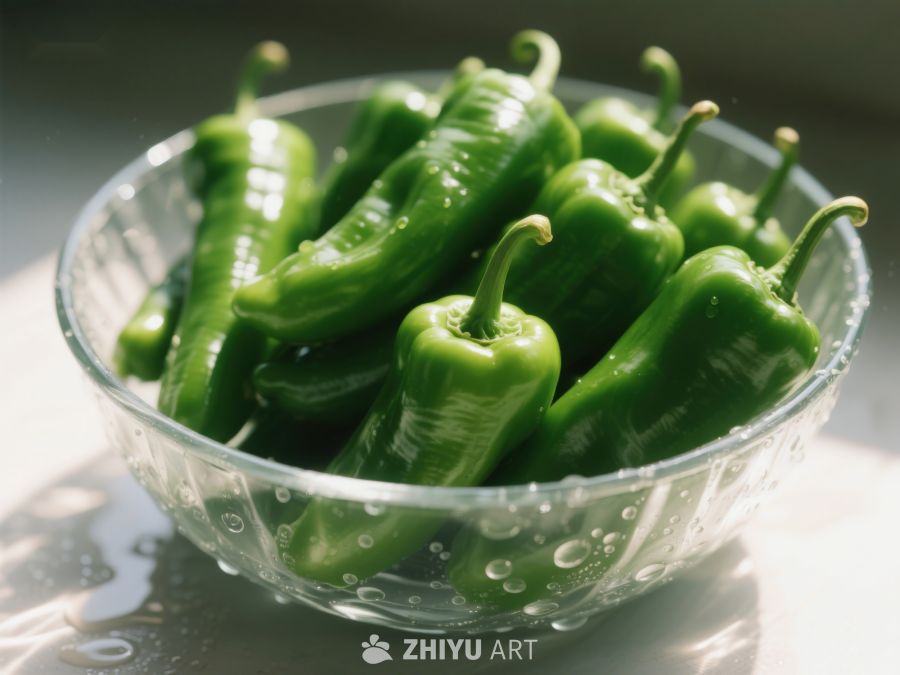新鲜青椒置于透明碗中 514