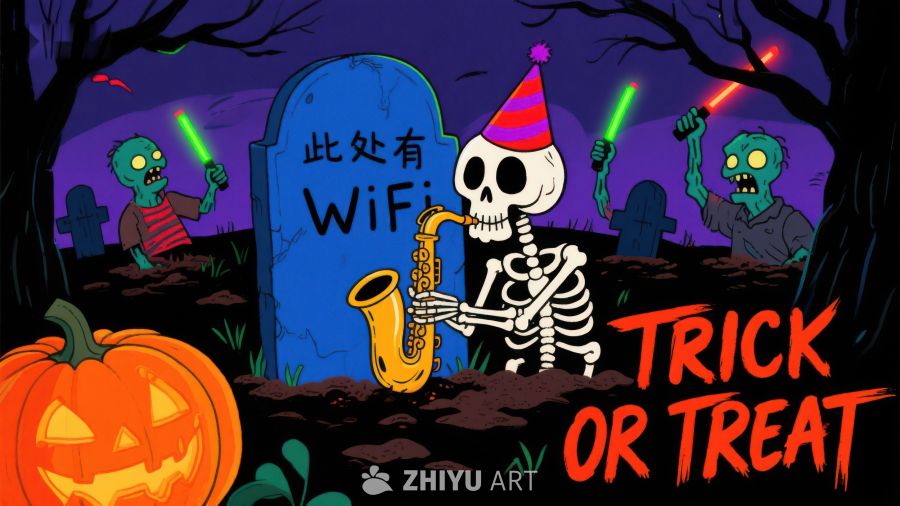 万圣节墓地WiFi提示卡通场景