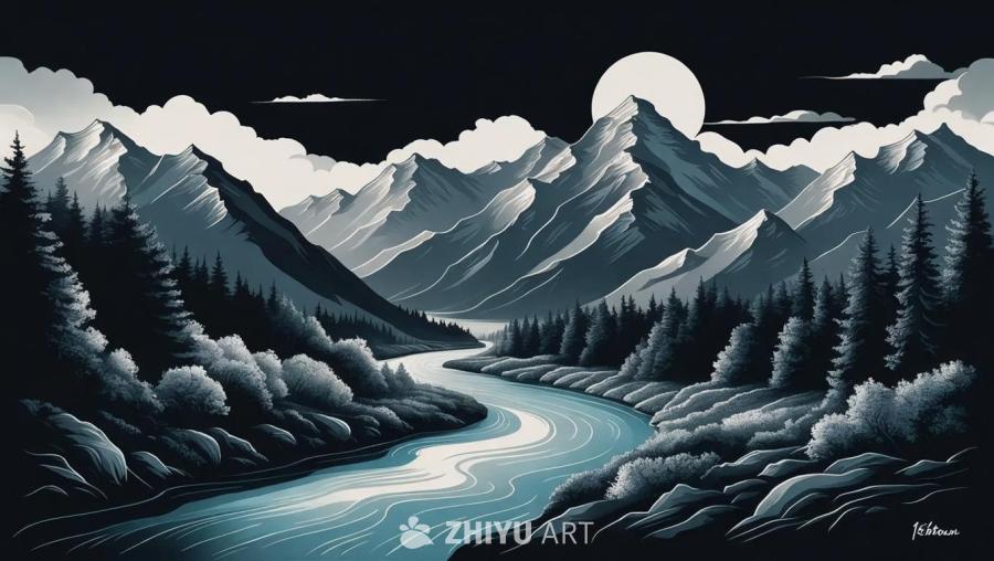 画面中呈现出山峰和河流的黑墨绘画。群山在远方绵延，