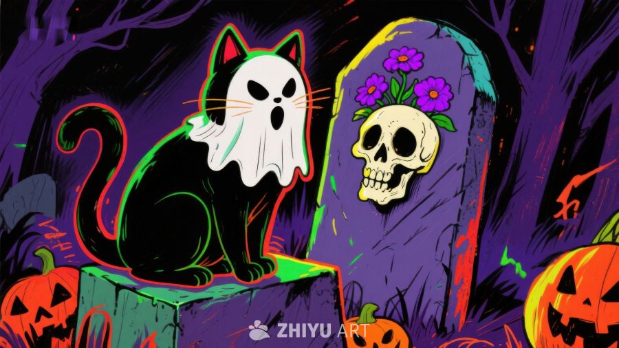 万圣节幽灵猫与骷髅墓碑