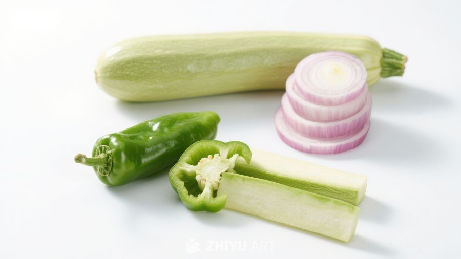 新鲜蔬菜组合：西葫芦、青椒与洋葱