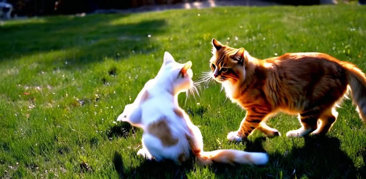 草地上两只猫咪：金色猫攻击，白色猫防御