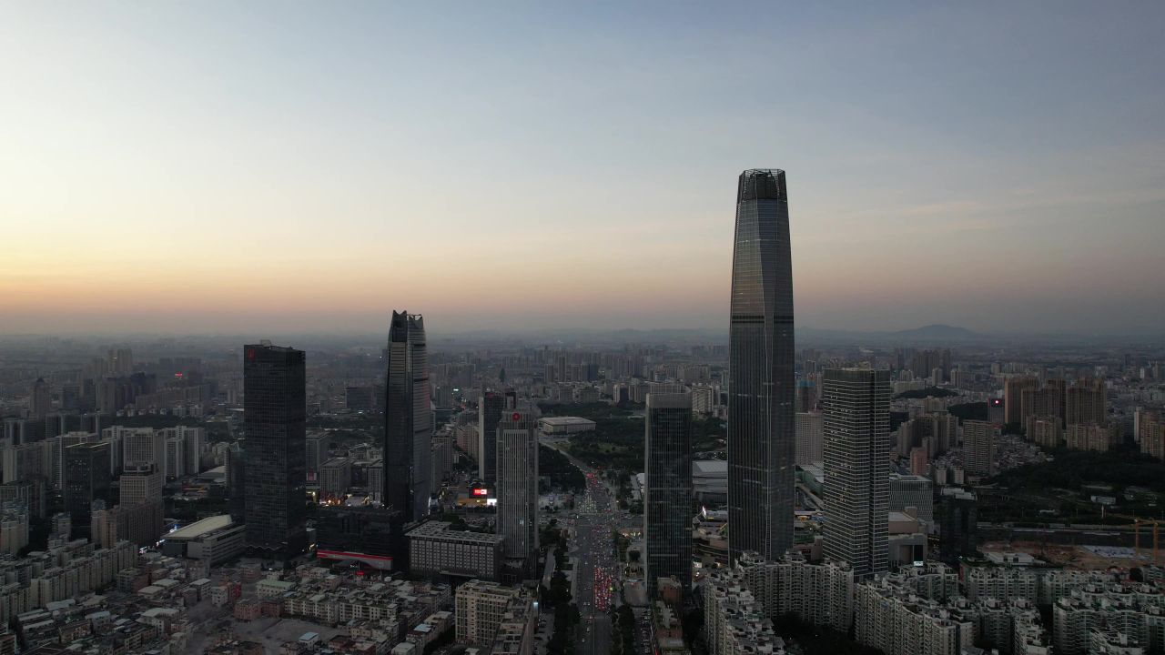 广东东莞日落晚霞城市夜景航拍