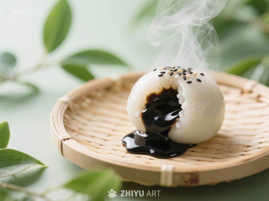 热腾腾的汤圆配黑糖酱