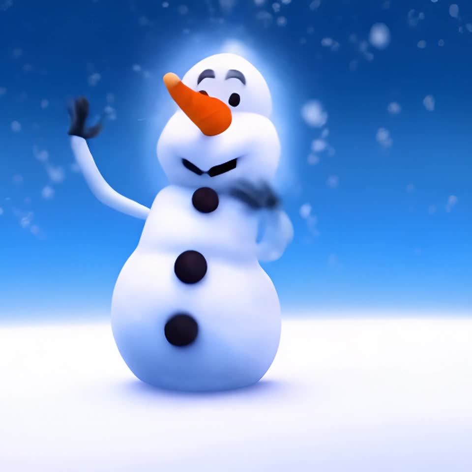 一个雪人在雪景中跳舞，他有着橙色的胡萝卜鼻子和黑色