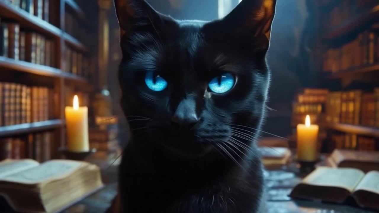 一只黑猫的特写，它有着蓝色的眼睛。背景中是一个图书