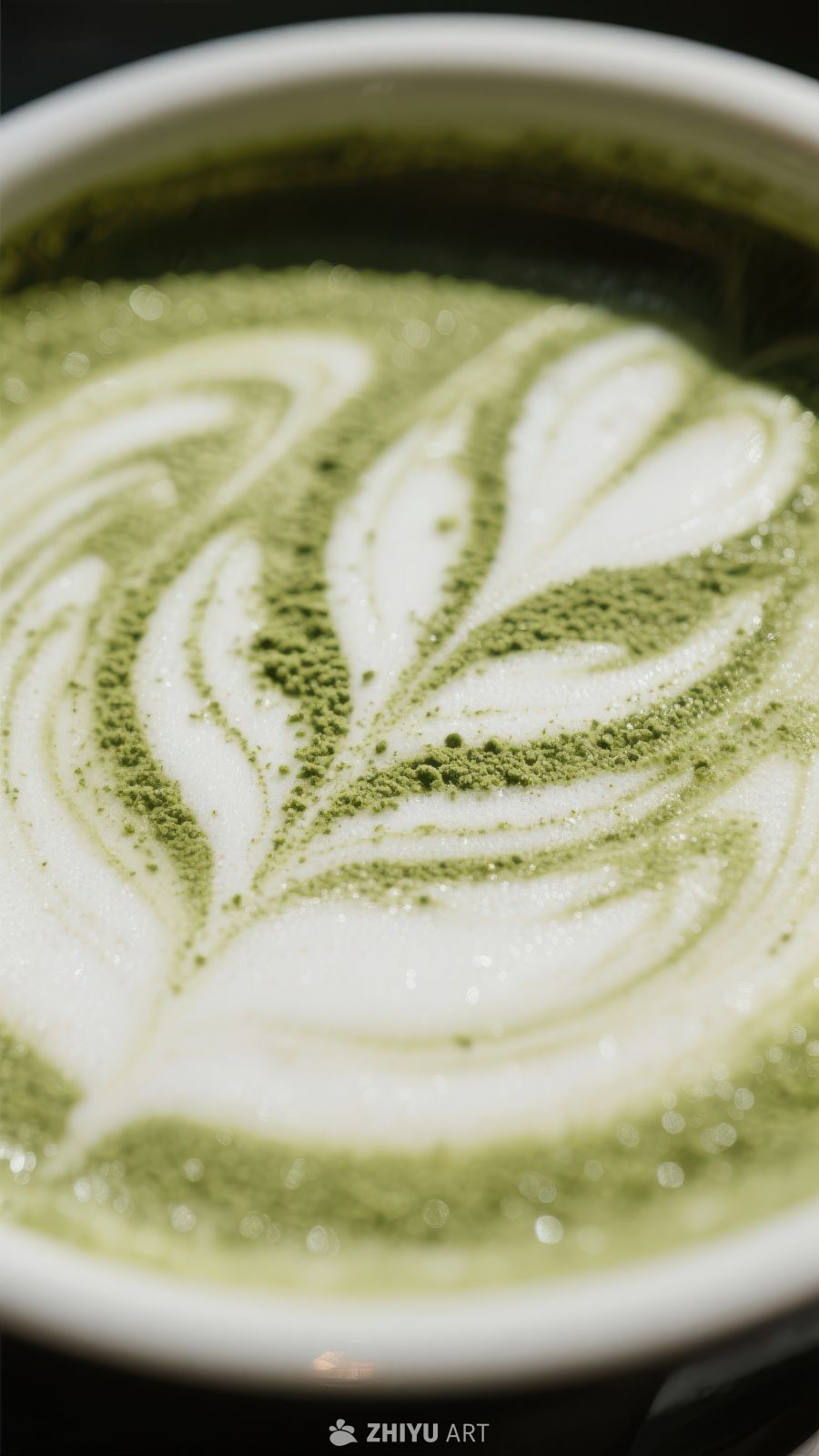 抹茶拿铁上的艺术拉花
