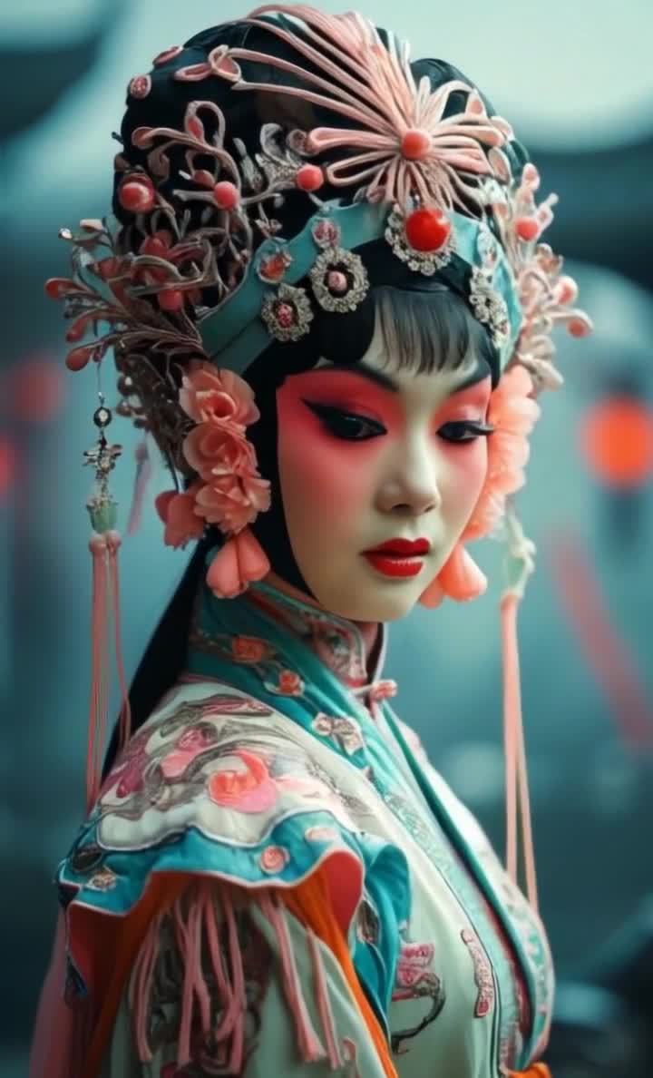 一位女性面部涂有浓重的戏曲妆容，眼部红色眼影浓重，