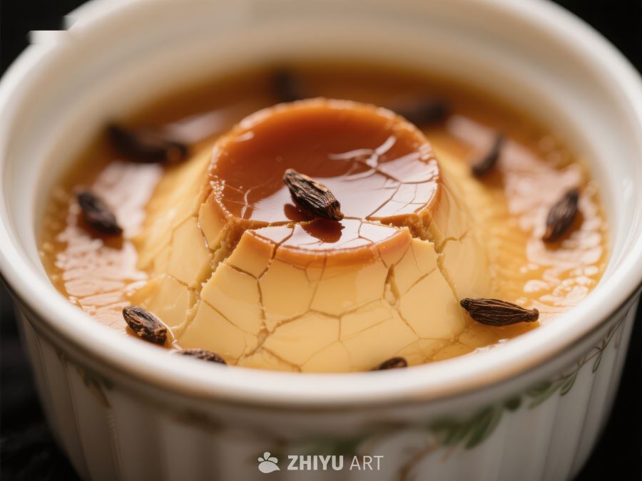 焦糖布丁特写，表面裂纹与香料点缀 239