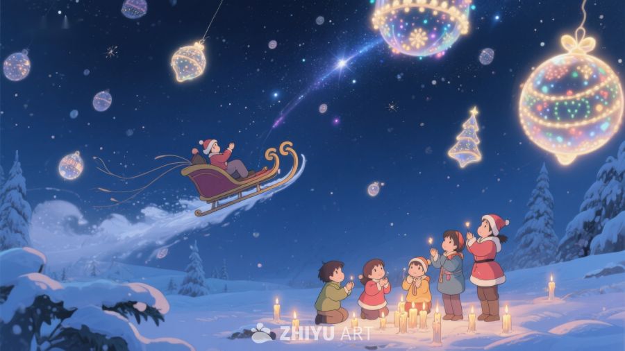冬夜雪景中的圣诞老人与孩子们 124