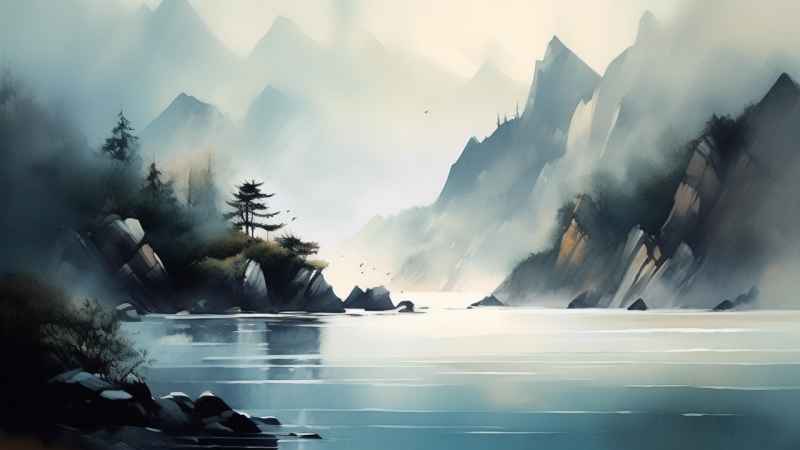 雾气缭绕水墨山水画简约风格 50