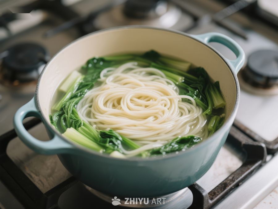 锅中煮着面条和青菜 114